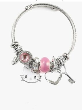 Silver-Tone Pink Charm Bracelet with Cat and Heart Pendants